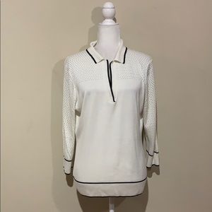 St. John White Open Knit V Neck Collared Sweater